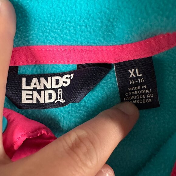 Lands End Girls XL 14-16 Fleece Pullover Colorblock Snap Neck Turquoise Pink Nav - Picture 5 of 10